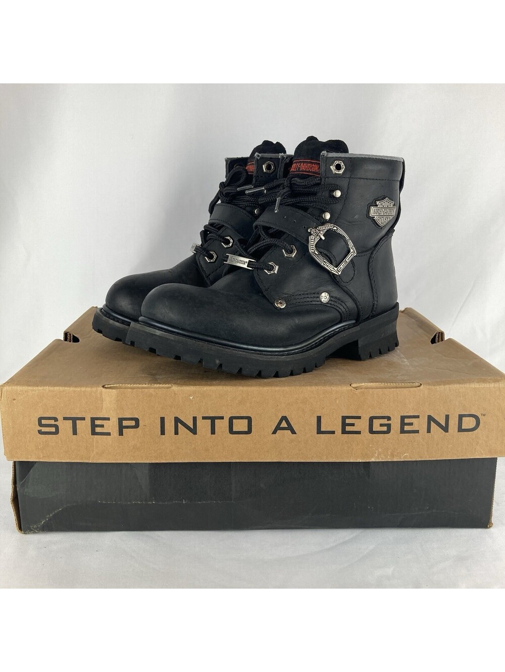 Women’s Size 7 Harley Davidson Black Leather Lace-Up Buckle Ankle Combat Boots